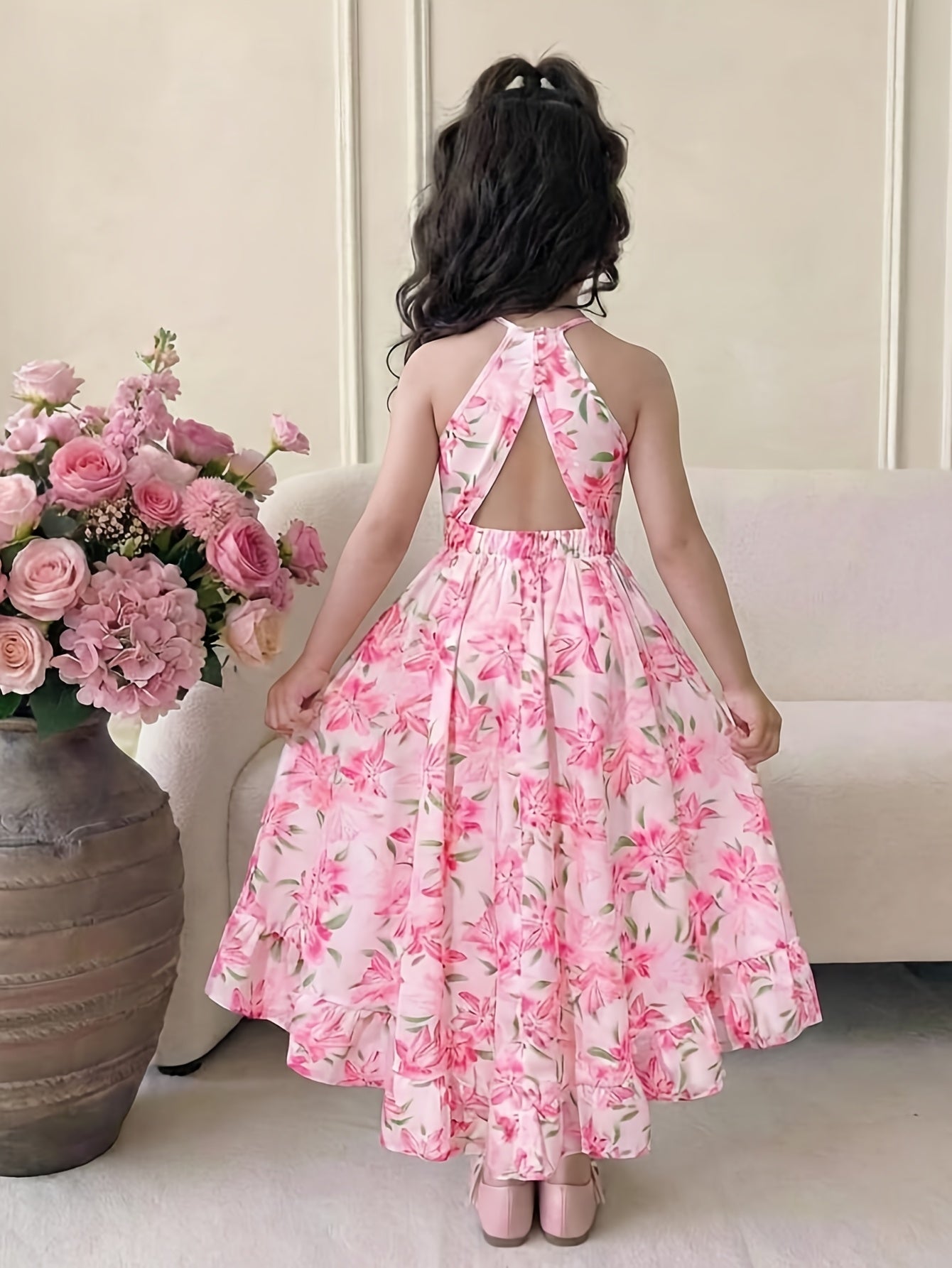 Girls' Novelty Dress, Casual Vacation Round Neck Spaghetti Strap Asymmetrical Hem Floral Print Woven Dress, Teen Girls' Backless Summer Camisole Dress