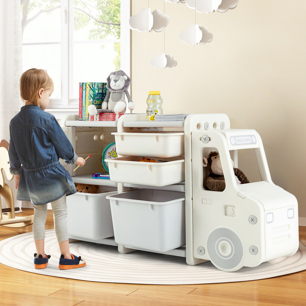 Goplus Truck-shaped Cabinet Toy Storage Organizer w/2 Plastic Bins & Drawers Playroom