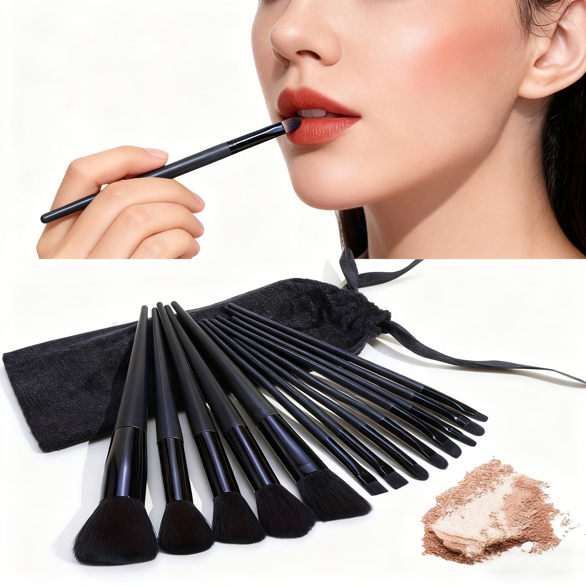 Complete 16pcs Makeup Brush Set with Storage Pouch + 2 Makeup Sponges, Full Set for Foundation, Contouring, Eye, and Lip Makeup, Enhances Makeup Finish Precision, Ideal Holiday Gift Set