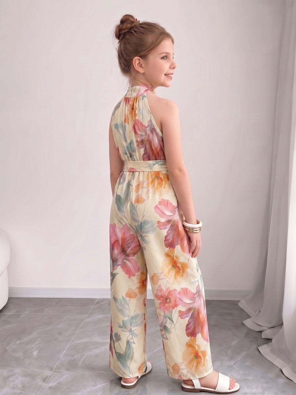 [Versatile Stylish Comfortable] Girls' Halter Neck Sleeveless Wide-Leg Jumpsuit, With a Matching Belt, New Summer Design, Suitable for Vacations, Everyday Wear, Parties, Versatile, Stylish And Comfortable, Effortlessly Creating a Fashionable Look, for Ou