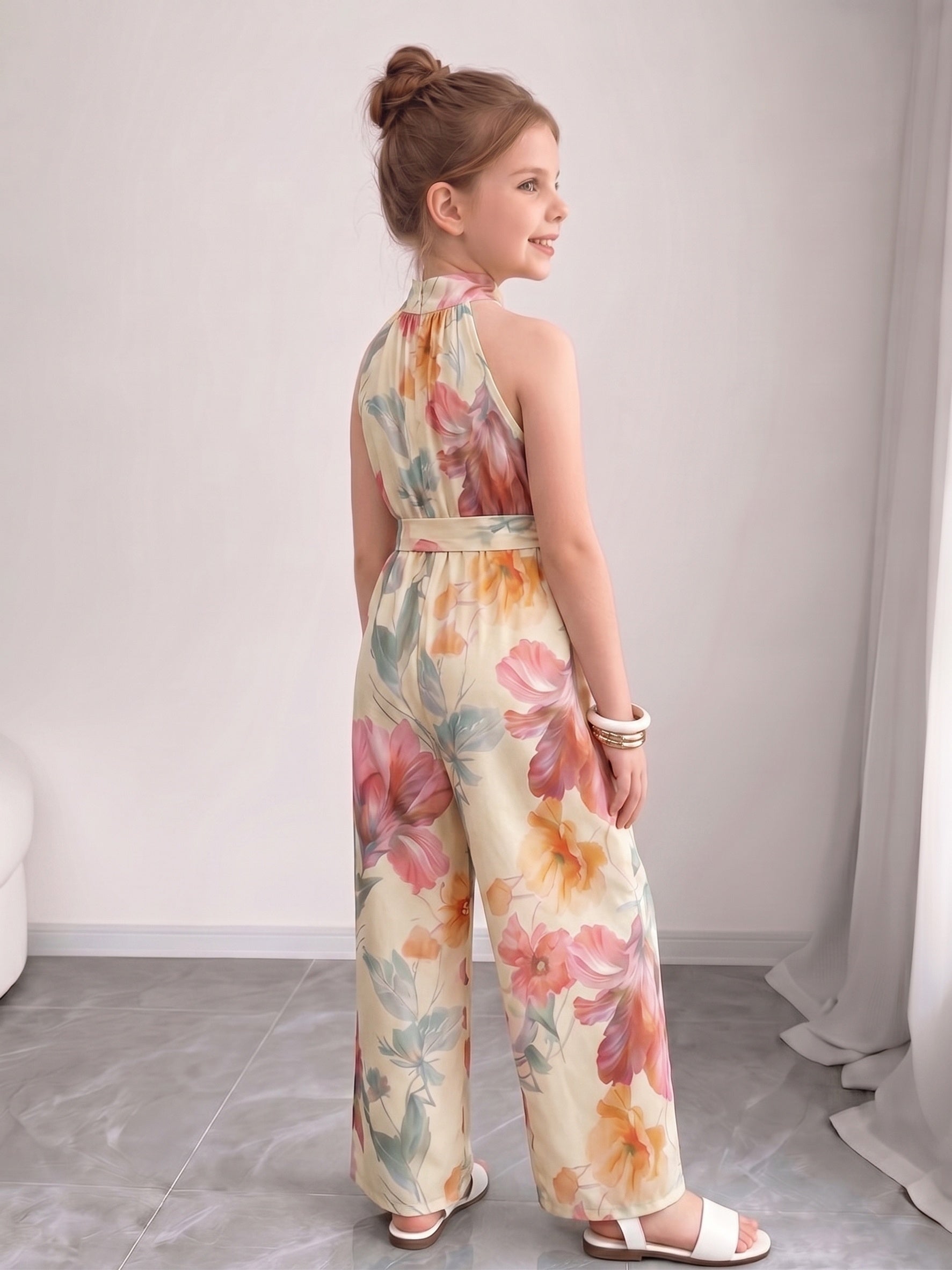 [Versatile Stylish Comfortable] Girls' Halter Neck Sleeveless Wide-Leg Jumpsuit, With a Matching Belt, New Summer Design, Suitable for Vacations, Everyday Wear, Parties, Versatile, Stylish And Comfortable, Effortlessly Creating a Fashionable Look, for Ou