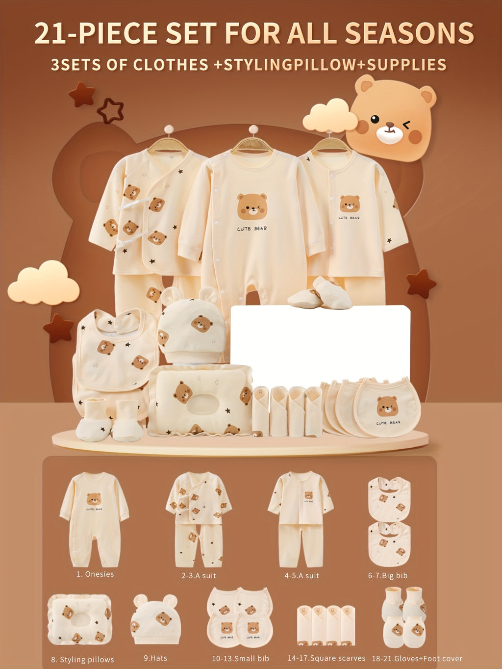 Baby boy newborn clothing, baby jumpsuit jumpsuit daily necessities 21pcs set, 3 sets of clothes - hat - bib - hand and foot set - bib, baby full moon four season set, baby gift, newborn essentials, Perfect for Outdoor