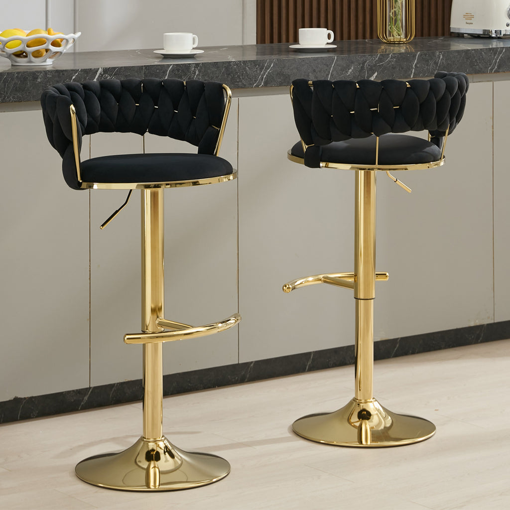 2x Gold Bar Stools, Set of 2 Velvet Adjustable Swivel Barstools with Gloden Base, 360° Swivel Bar Stools for Kitchen Island