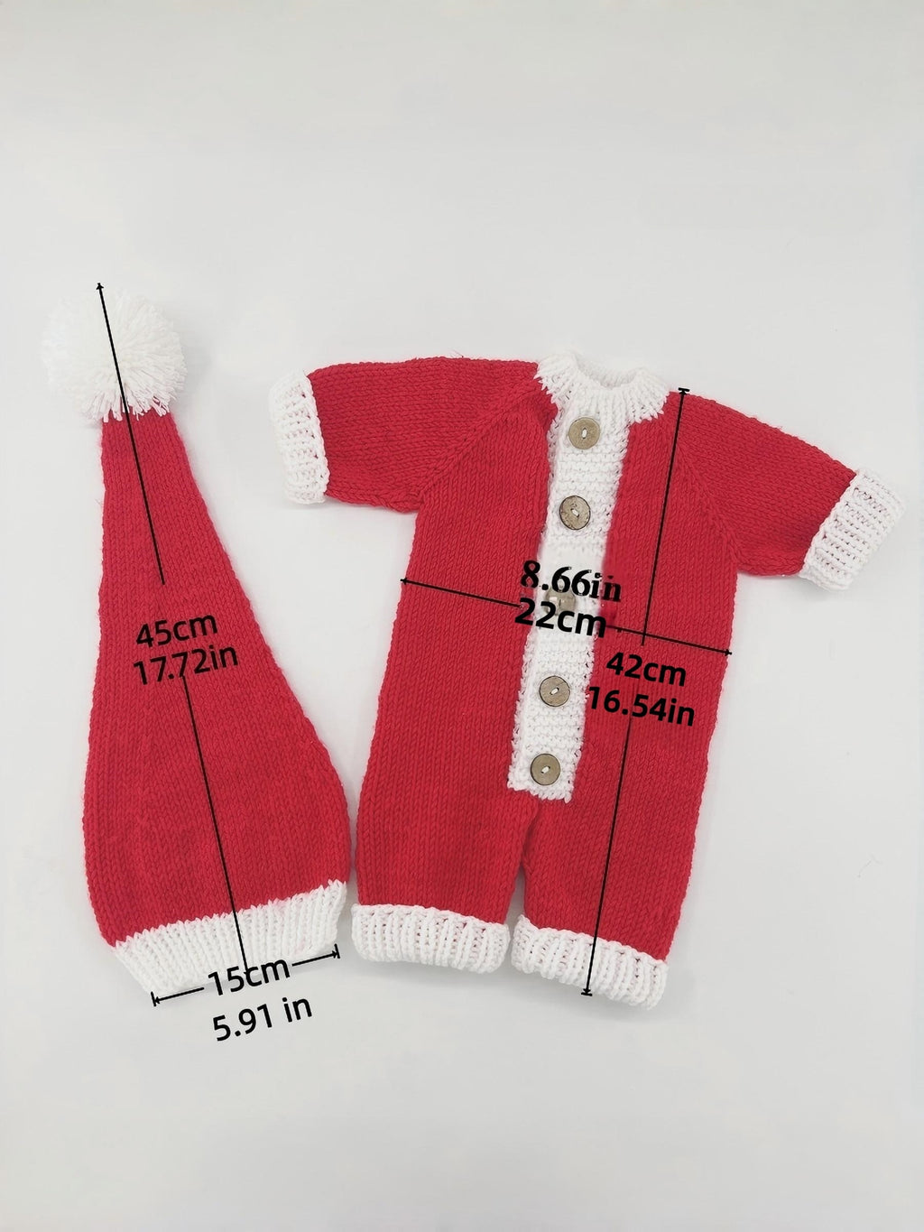 [Santa Baby Romper Set] American Christmas Style Santa Claus Shaped Set - 2pcs Unisex Baby Red And White Color Block Knit Romper + Long Tail Hat, Handmade Coarse Knit, 0-3 Months Newborn Full Christmas Photo Props