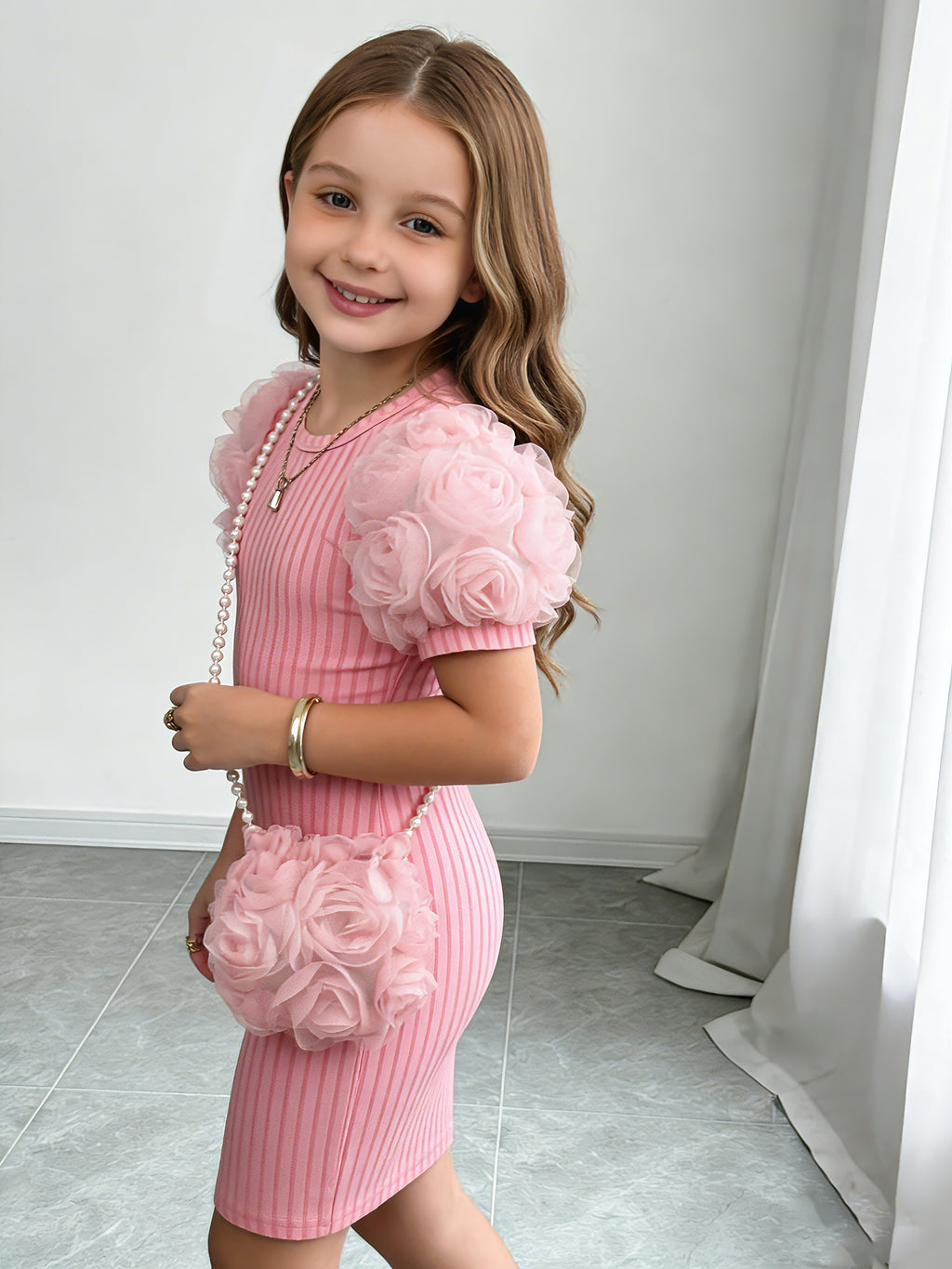 Girls' Summer Sweet Style Ribbed Textured Three-Dimensional Floral Puff Sleeve Fitted Hip-Hugging Dress with Bag, for Daily/Party Wear