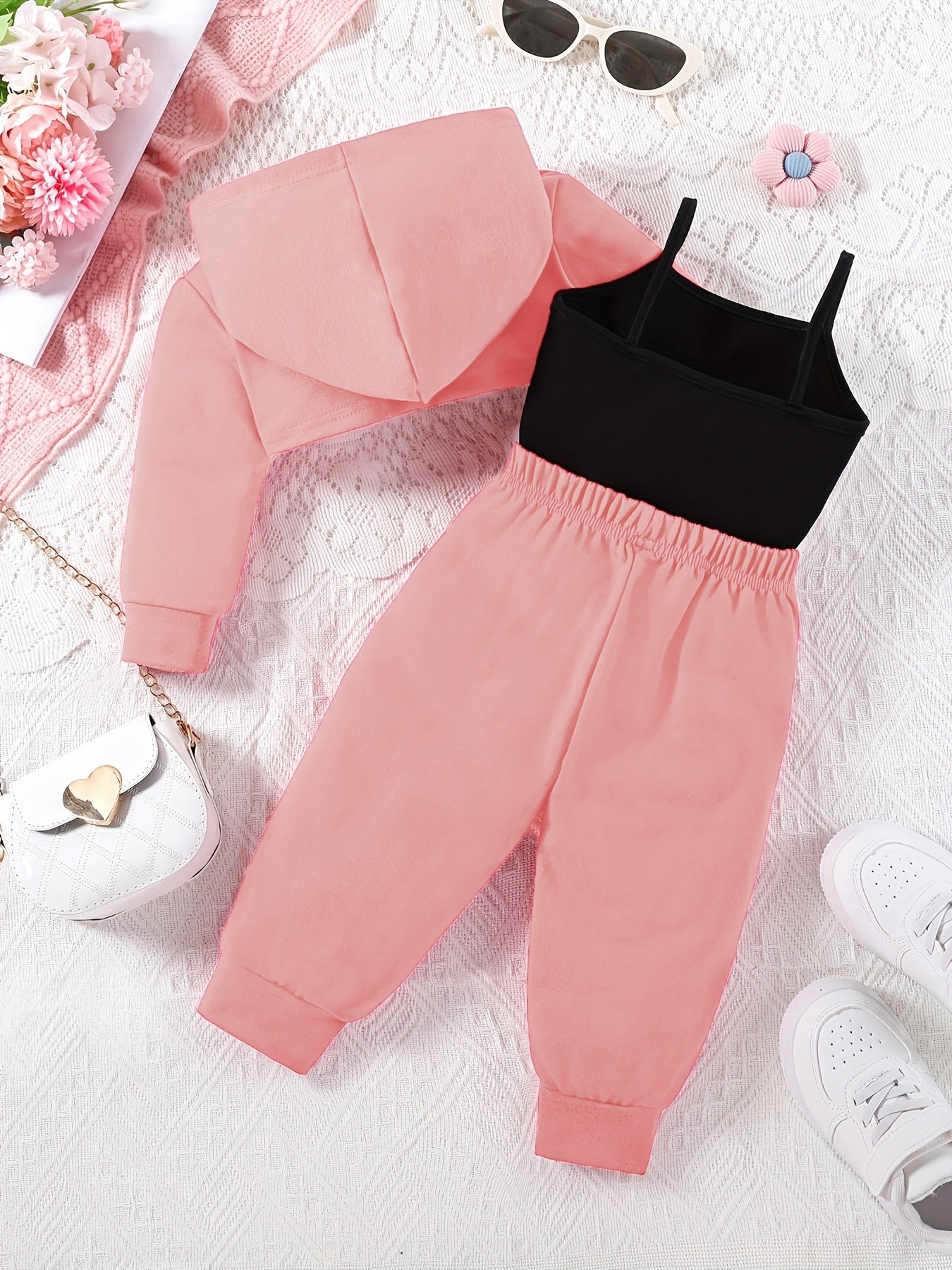 Girl Baby Fashion Letter Print/3pcs Set Kids Hoodie Short Top And Camisole Top And Pants Outfit/Street Casual/for Outdoor