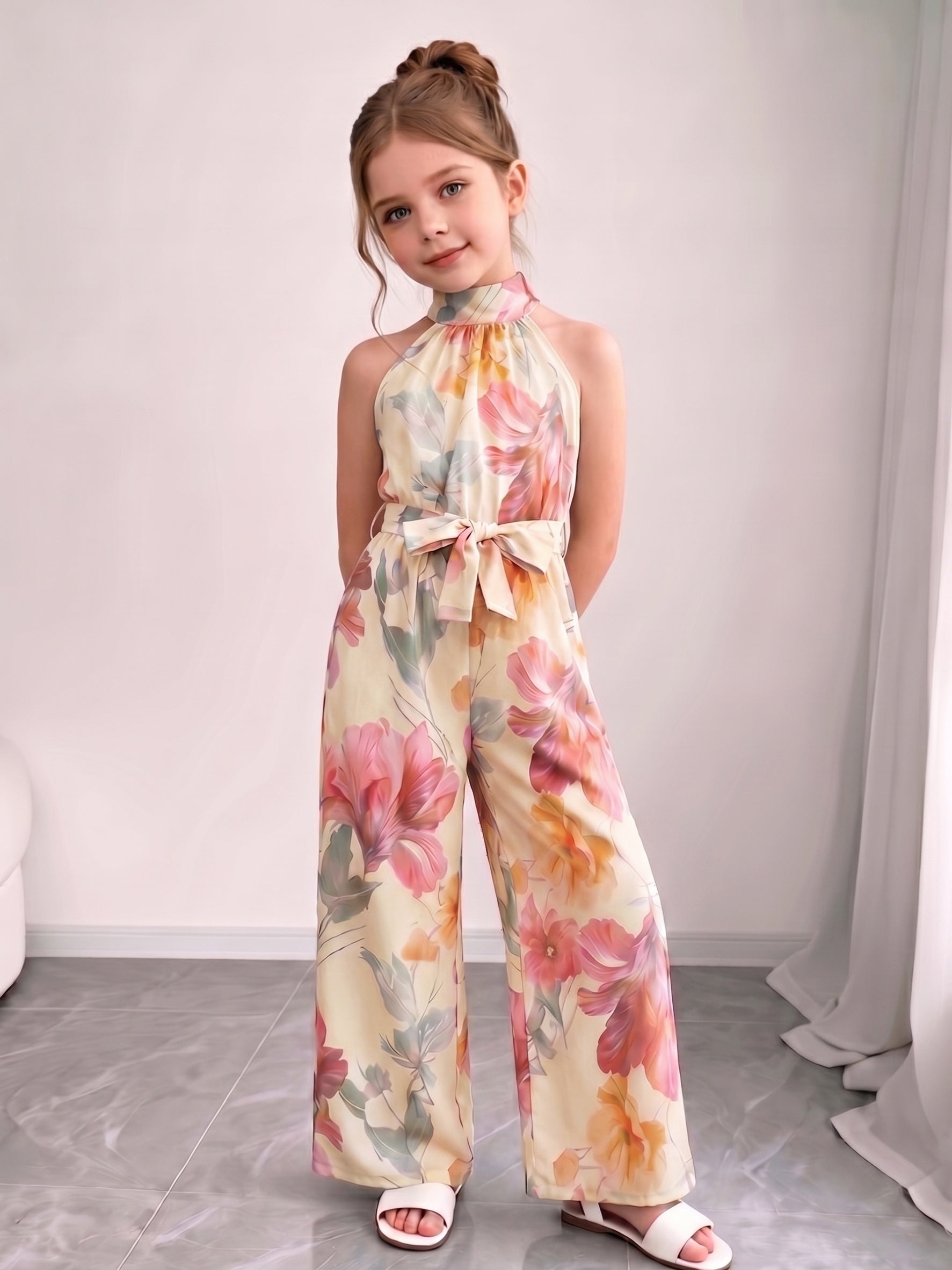 [Versatile Stylish Comfortable] Girls' Halter Neck Sleeveless Wide-Leg Jumpsuit, With a Matching Belt, New Summer Design, Suitable for Vacations, Everyday Wear, Parties, Versatile, Stylish And Comfortable, Effortlessly Creating a Fashionable Look, for Ou
