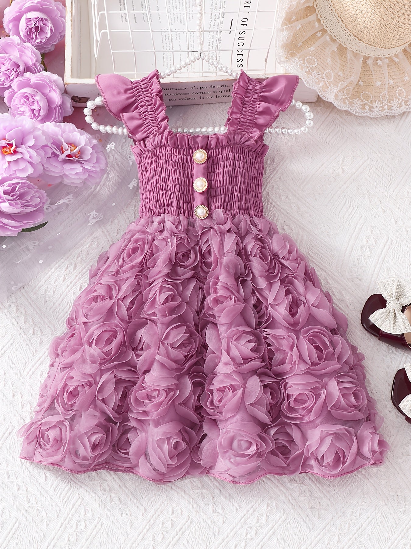 Baby Princess Dress, Sweet Vintage Style 3D Rose Flower Skirt And Solid Color Ruched Waist Tulip A-Line Puff Dress, Square Neck Small Flutter Sleeves Casual Dress for Flower Girl/Birthday/Party/Outdoor/Daily Summer New Style Children'S Dress [Girls'