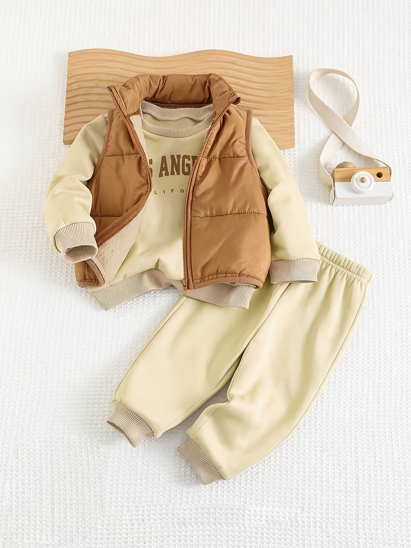 Boys' Spring, Autumn, Winter Casual Round Neck Long Sleeve Simple Letter Print Sweatshirt + Elastic Waist Solid Color Long Pants + Zipper Vest Newborn Baby 3pcs Set for Outings, Boys' Clothing, Perfect for Outdoor