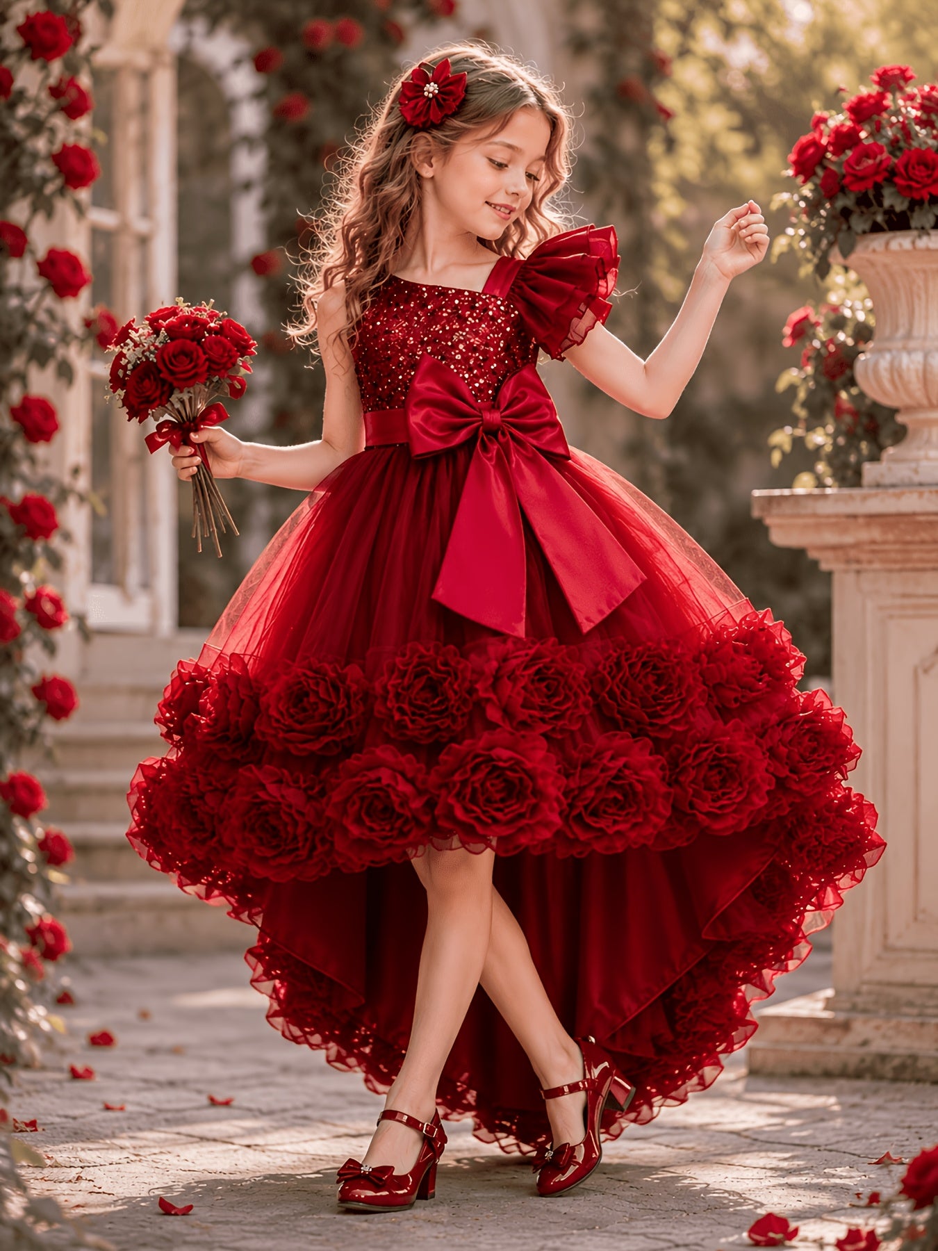 Young Girl Elegant Flower Girl Wedding Dress Short Front Long Back Puff Train 3D Floral Dress Suitable for Graduation Parties Holiday Weddings Dress