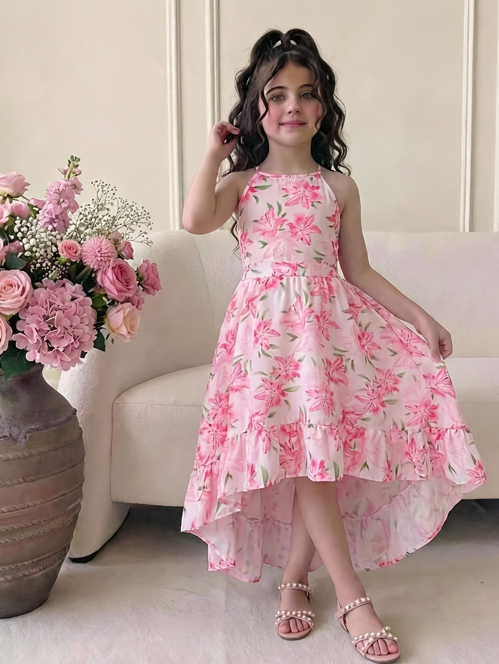 Girls' Novelty Dress, Casual Vacation Round Neck Spaghetti Strap Asymmetrical Hem Floral Print Woven Dress, Teen Girls' Backless Summer Camisole Dress