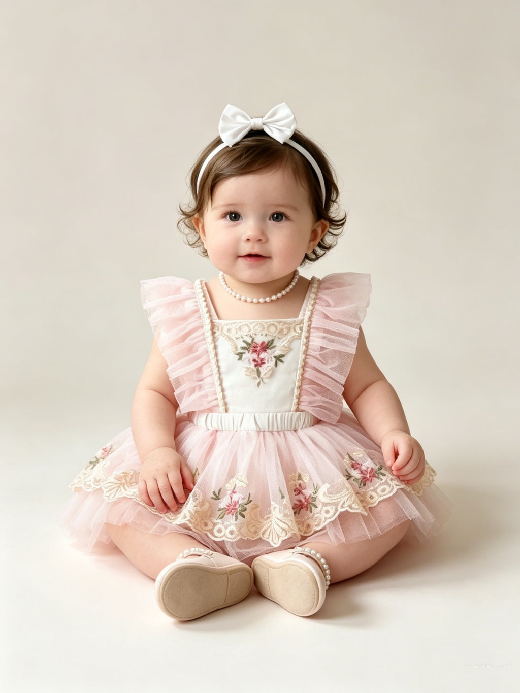 Summer Mesh Lace Embroidered Pearl Flutter Sleeve Bodysuit for Baby Girls, 100-Day & First Birthday Party Princess Puffy Skirt Romper