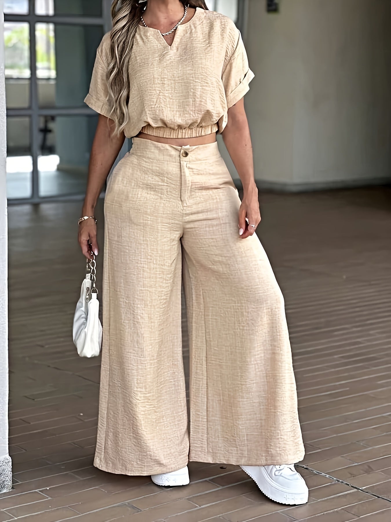 2pcs Women'S Elegant Solid Color Loose Short Sleeve Top And Wide-Leg Pants