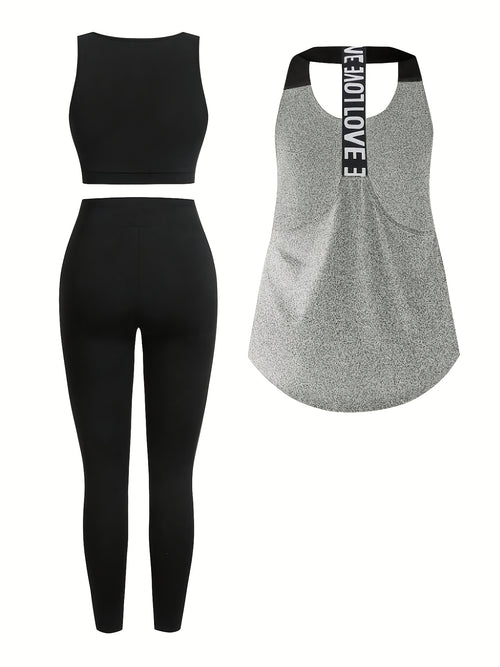 3pcs Color-Block Athletic Set, Women'S Solid Color Round Neck Vest And Leggings Athletic Suit, Color-Blocked Letter Webbing Sleeveless Top, Fitness Gear Workout Clothing, Suitable for Yoga, Pilates, Running, Cycling All-Season Athletic Wear