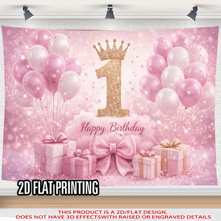 2D Flat, 1pc, 2D Flat, 1st Birthday Girl Party Decor Polyester Banner, Pink Dream Themed Birthday Backdrop with Crown Number 1 Balloon and Gift Box Pattern, Perfect for Living Room Bedroom Garden Party Decorations, Ideal Photo Booth Backgro, 2D Flat
