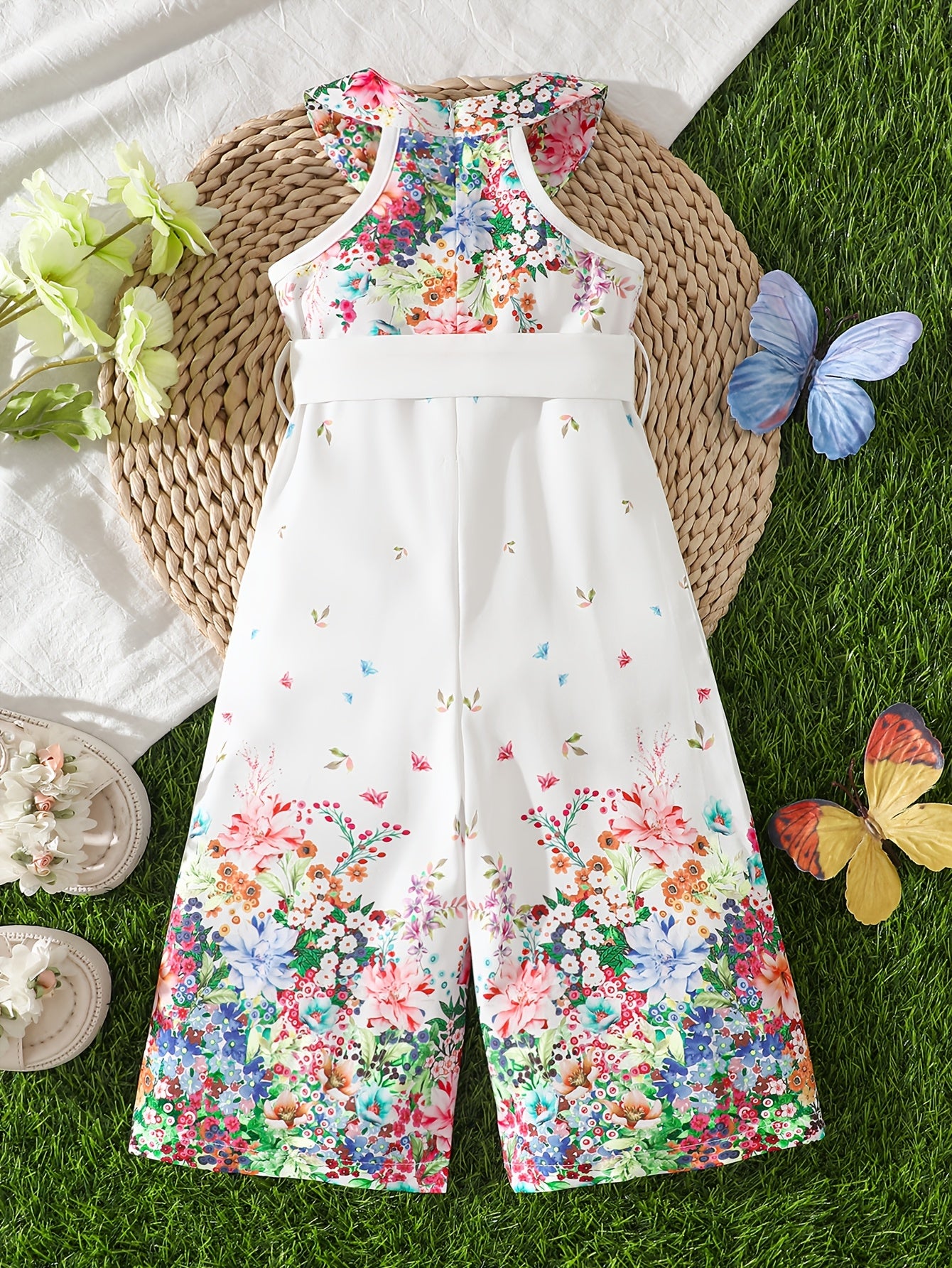 Summer European And American Baby Girl One-Piece Neck-Hanging Romper, Country Style, Sweet And Elegant. Sleeveless Design Adorned with Full-Print Colorful Floral Patterns, Suitable for Daily Wear, Summer Vacations, And Family Gatherings, for Outdoor