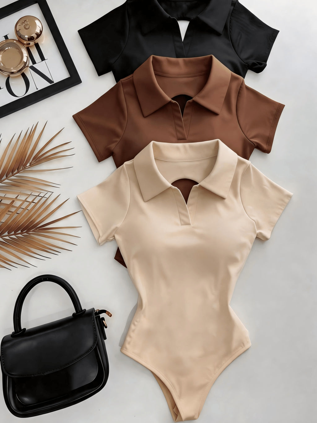 3pcs Women's Polo Collar Bodysuit with Back Cut-Out Design, Short Sleeve Slim Fit Casual Top