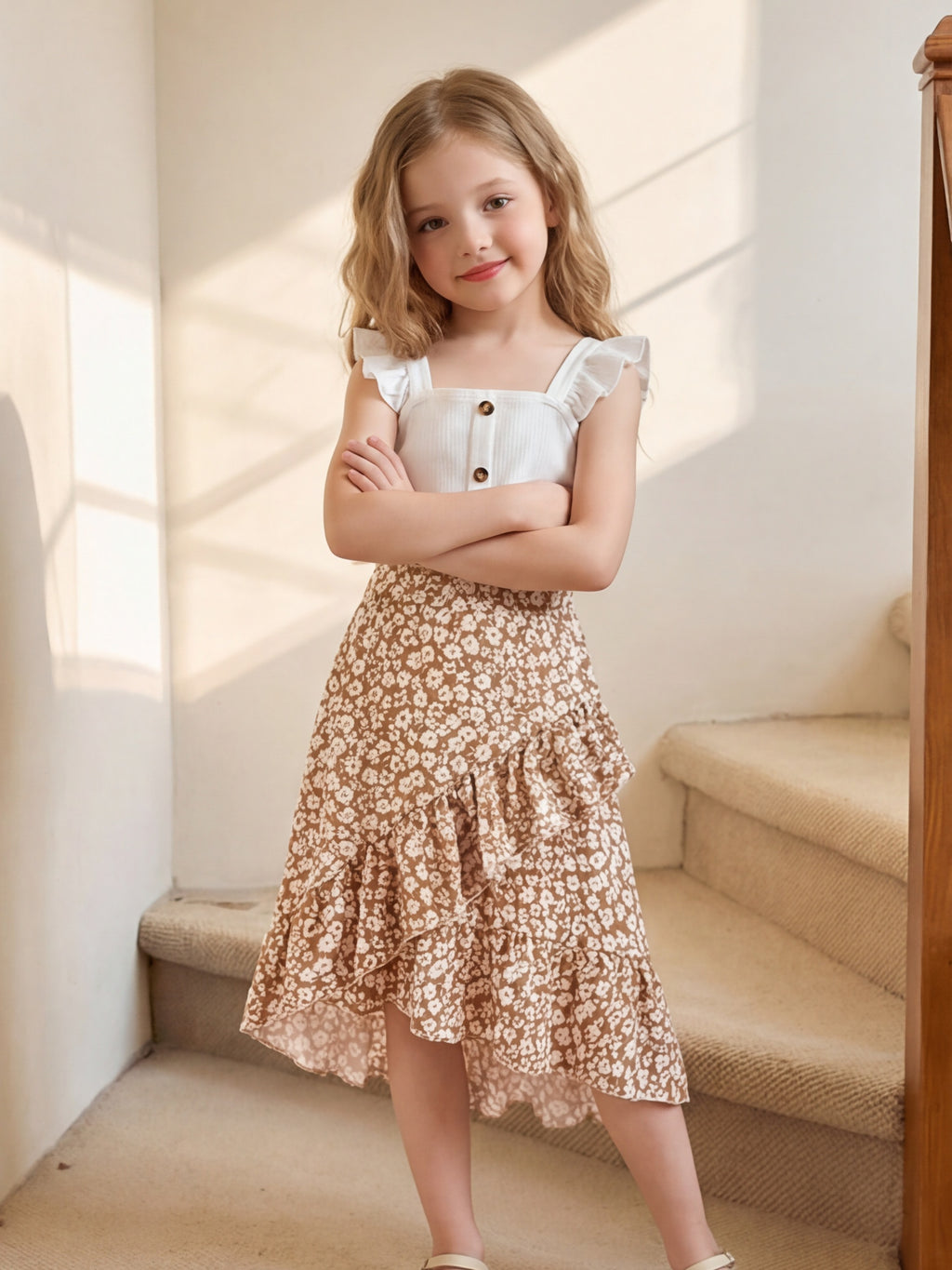 2pcs Set, Vacation Style Girls' Outfit, Sweet Everyday Style, Bohemian, Floral Print, Flutter Sleeve Top + Ruffle Hem Skirt with Irregular Hemline, Sizes 80-120, Summer Streetwear for Girls, Perfect for Outdoor