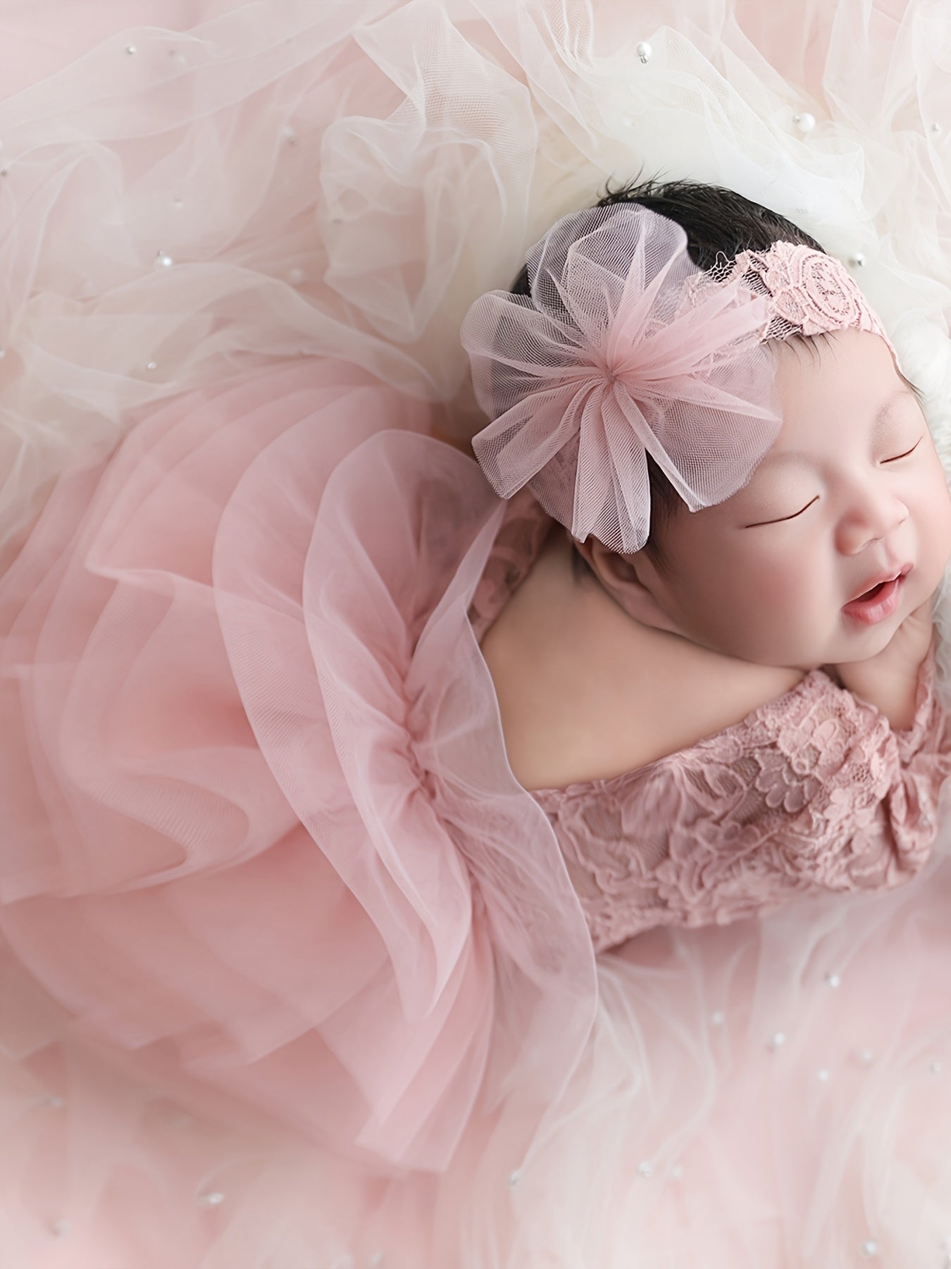 Newborn Puff Tulle/2pcs Lace Triangle Romper Headband Set/Baby Lace Long Sleeve Photography Outfit