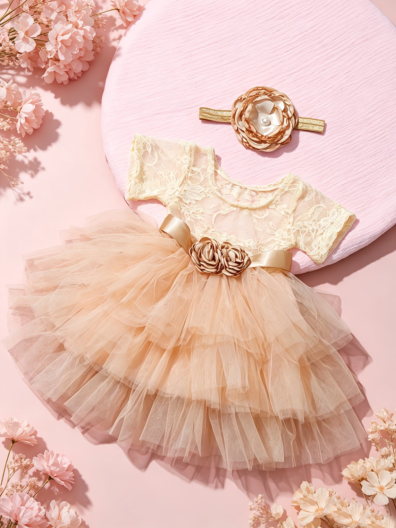 2pcs Newborn Lace Gauze Dress + Headband Baby Girl Knit Short Sleeve Gauze Puffy Skirt Set Infant Photography Outfit Set HD15