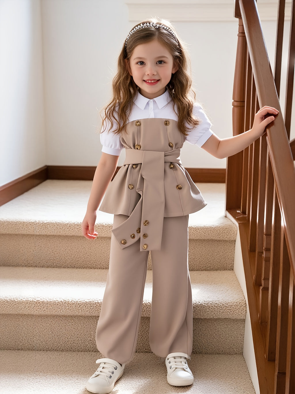 Contrasting Girls' Long Pants Set, Slim Princess Puff Sleeve Classic Contrasting Design, Flared Wide-Leg Pants, Beautiful And Comfortable Clothing, Durable Clothing, Back-To-School Outfit for Girls, School Outfit for Girls, Clothing Set, for Outdoor