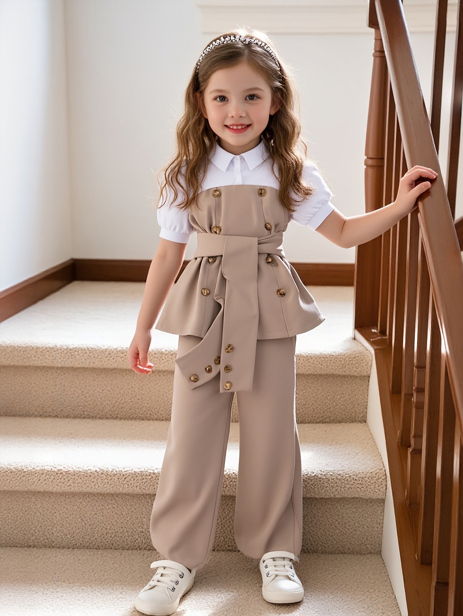 Contrasting Girls' Long Pants Set, Slim Princess Puff Sleeve Classic Contrasting Design, Flared Wide-Leg Pants, Beautiful And Comfortable Clothing, Durable Clothing, Back-To-School Outfit for Girls, School Outfit for Girls, Clothing Set, for Outdoor