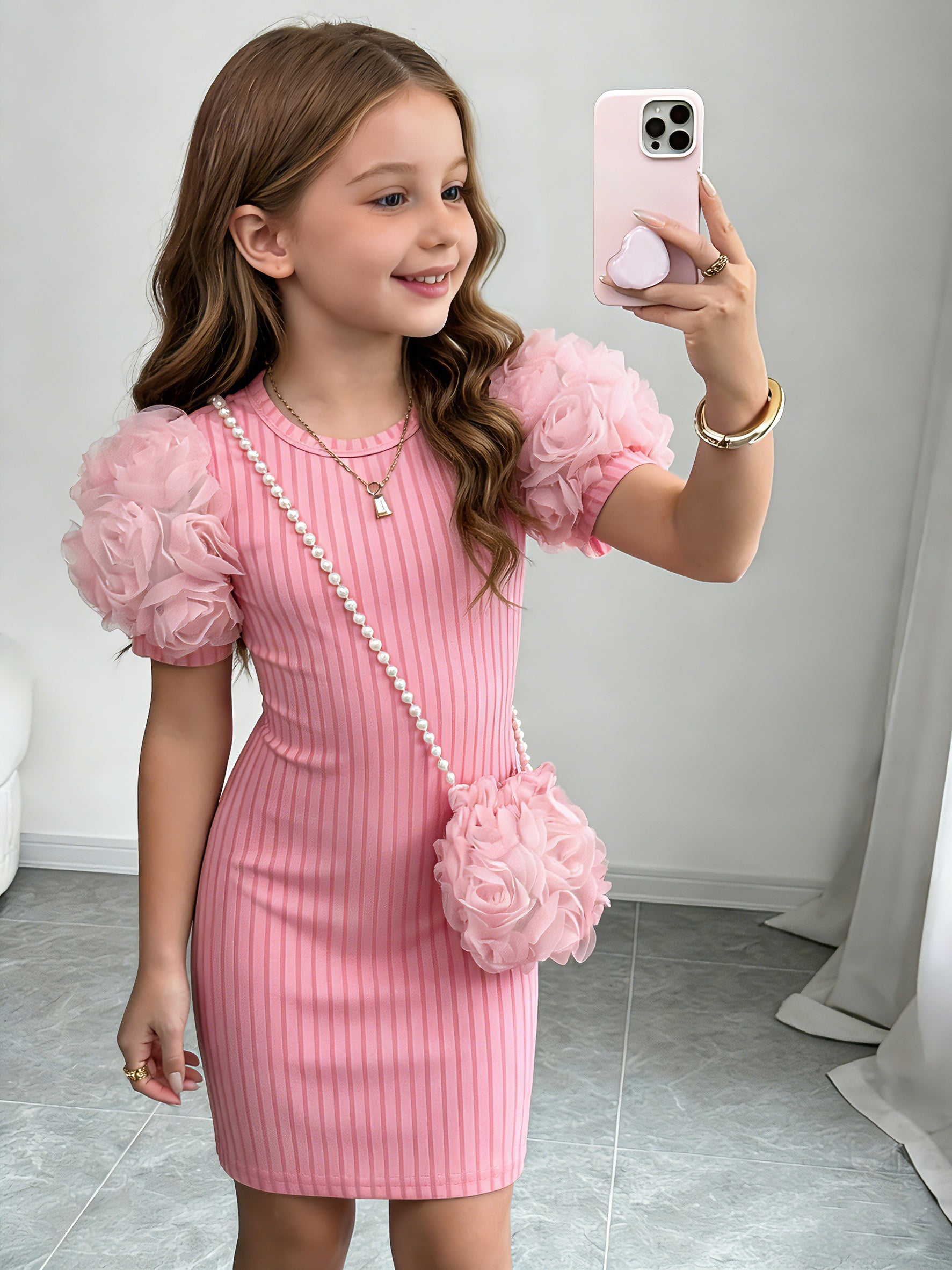Girls' Summer Sweet Style Ribbed Textured Three-Dimensional Floral Puff Sleeve Fitted Hip-Hugging Dress with Bag, for Daily/Party Wear