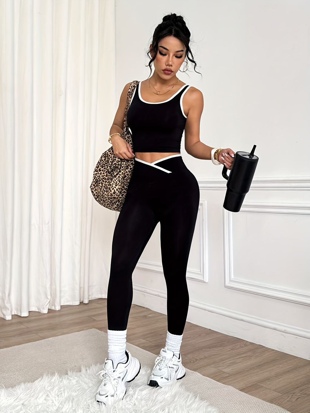 2pcs Women'S Seamless Solid Color Tight Quick-Dry Yoga Sports White Trim Set, Thick Strap Tank Top And -Waist Tummy Control Butt Lift Athletic Leggings, Wearable for Outdoor Running And Gym Dance Training