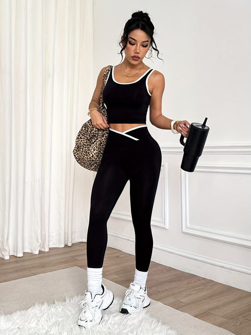 2pcs Women'S Seamless Solid Color Tight Quick-Dry Yoga Sports White Trim Set, Thick Strap Tank Top And -Waist Tummy Control Butt Lift Athletic Leggings, Wearable for Outdoor Running And Gym Dance Training