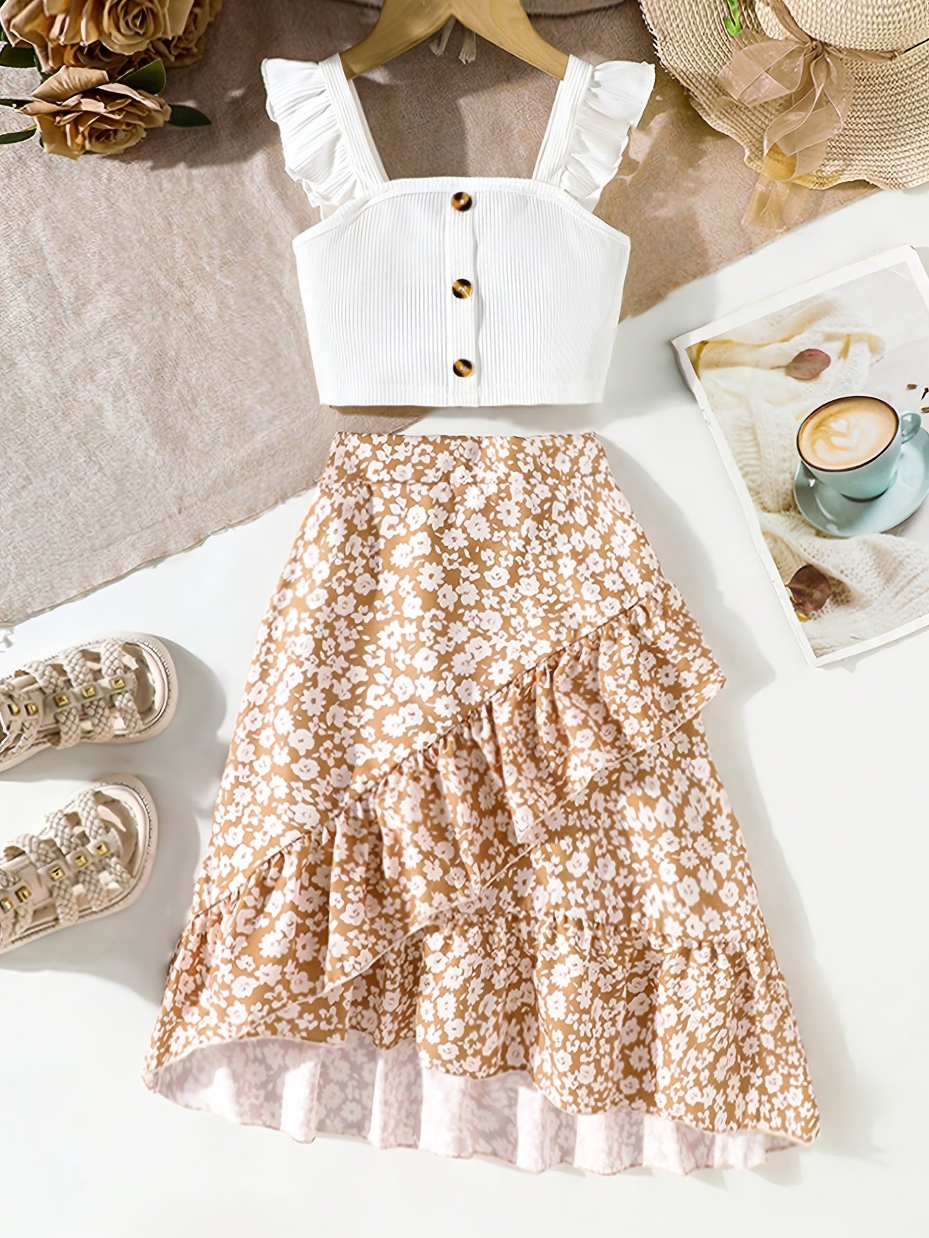 2pcs Set, Vacation Style Girls' Outfit, Sweet Everyday Style, Bohemian, Floral Print, Flutter Sleeve Top + Ruffle Hem Skirt with Irregular Hemline, Sizes 80-120, Summer Streetwear for Girls, Perfect for Outdoor