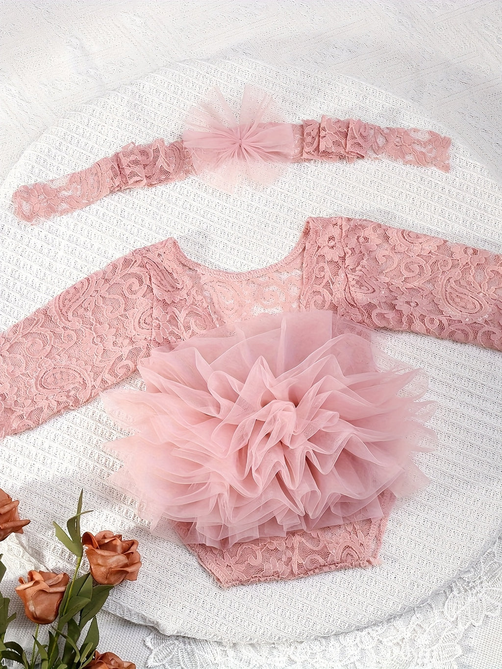 Newborn Puff Tulle/2pcs Lace Triangle Romper Headband Set/Baby Lace Long Sleeve Photography Outfit