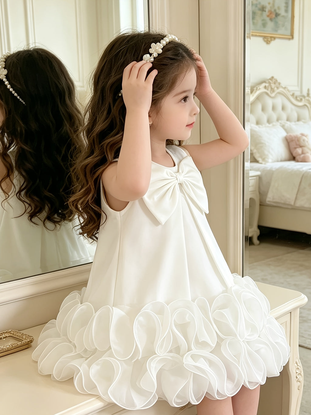 Girls' Sleeveless Mesh Dress, Toddler Princess Style Bow Puffy Skirt, White Flower Girl Party Dress