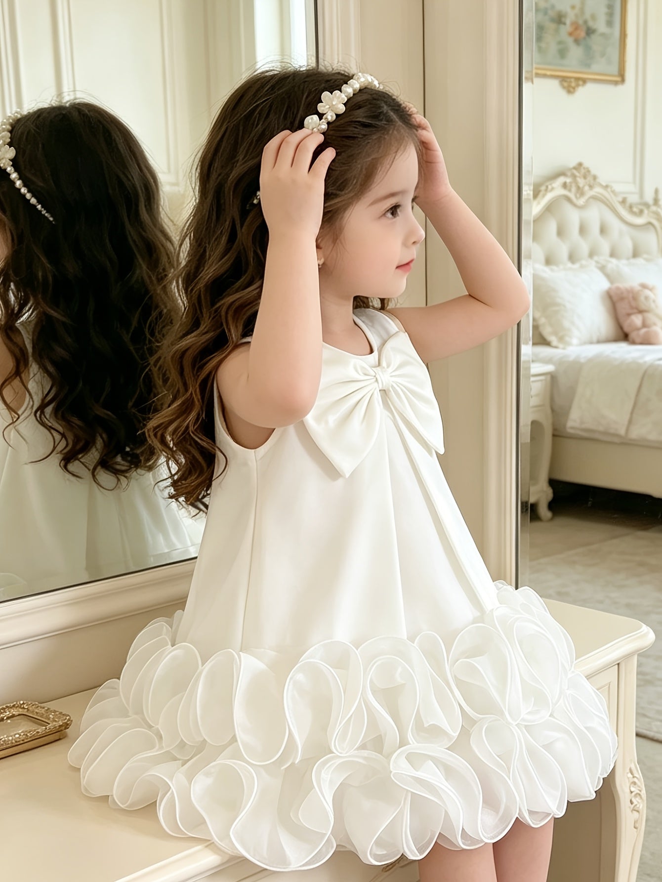 Girls' Sleeveless Mesh Dress, Toddler Princess Style Bow Puffy Skirt, White Flower Girl Party Dress