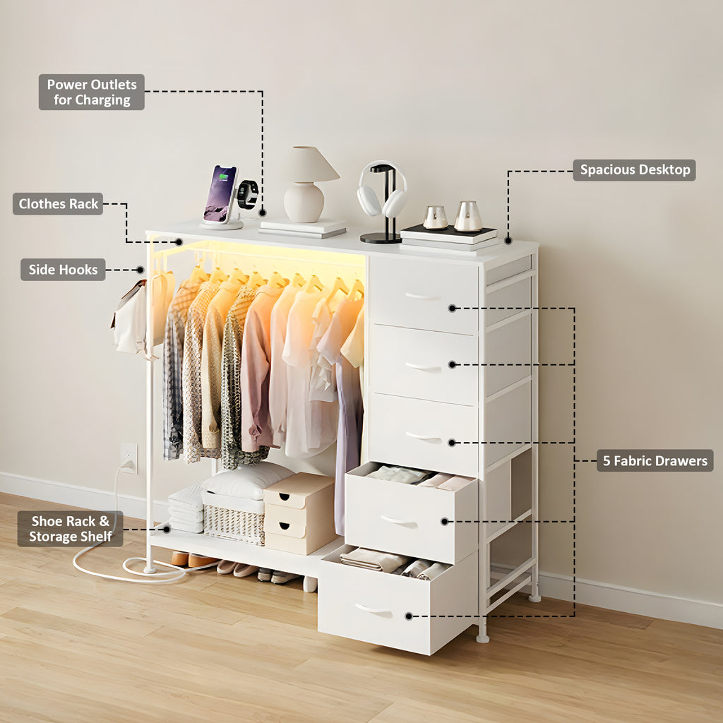 Advwin Dresser with Hanging Rack, 5 Fabric Drawers Dresser with LED Lights & Charging Station, Storage Chest of Drawers with Clothes Rack Side Hooks for Bedroom Living Room Nursery Hallway, White