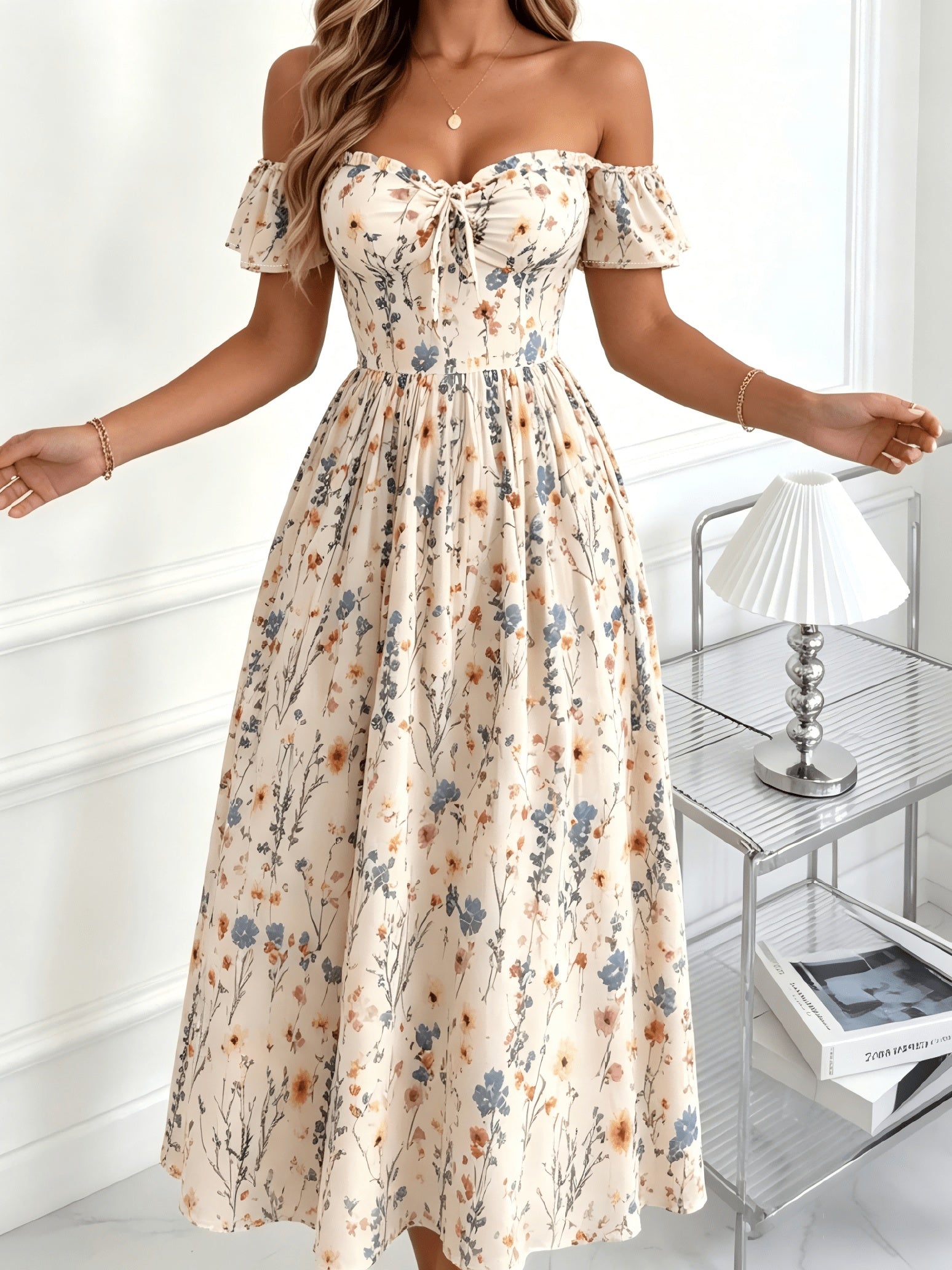 Shangyue Clothing Women'S New Elegant Waist-Cinching Printed Vacation Dress