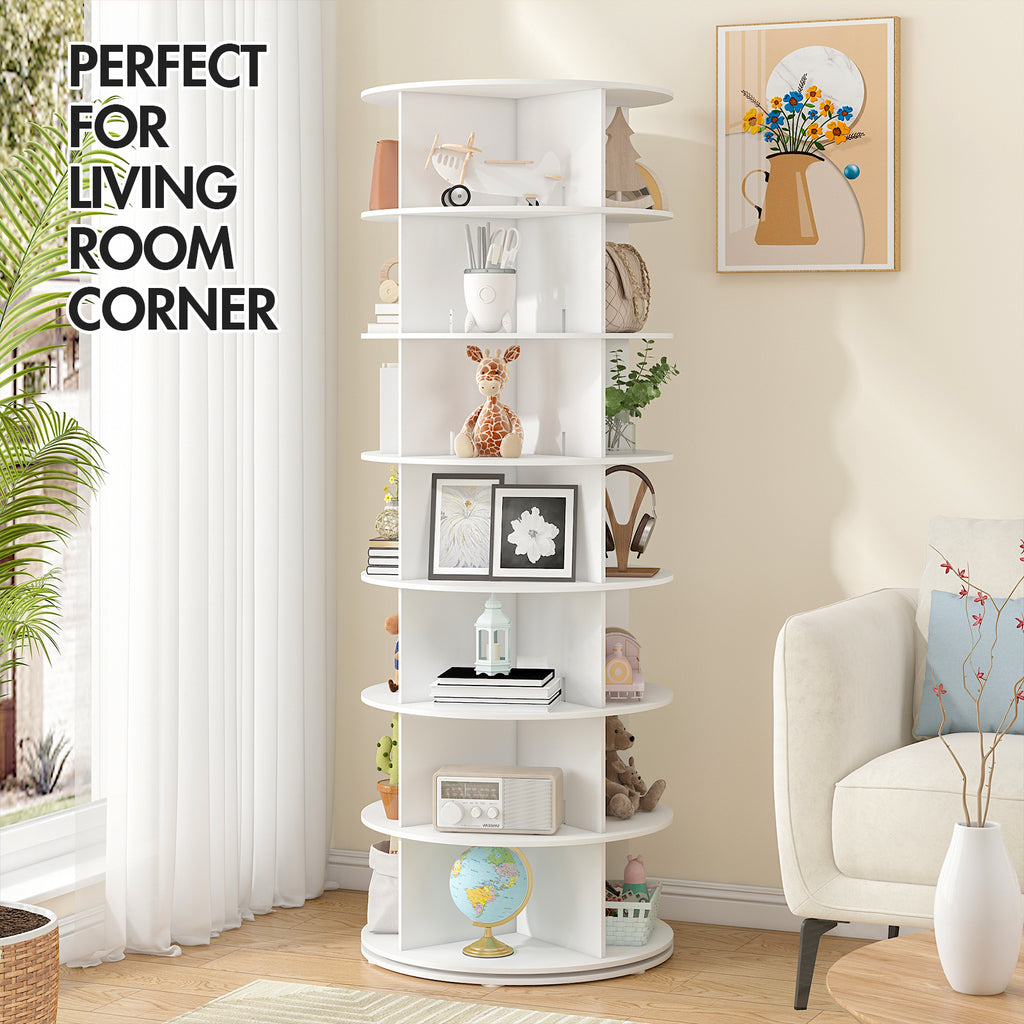 Advwin 7 Tier Rotating Shoe Rack Tower, 360° Revolving Shoe Display Rack, Free Standing Round Carousel Shoe Display Lazy Susan for Entryway Living Room Hallway, White