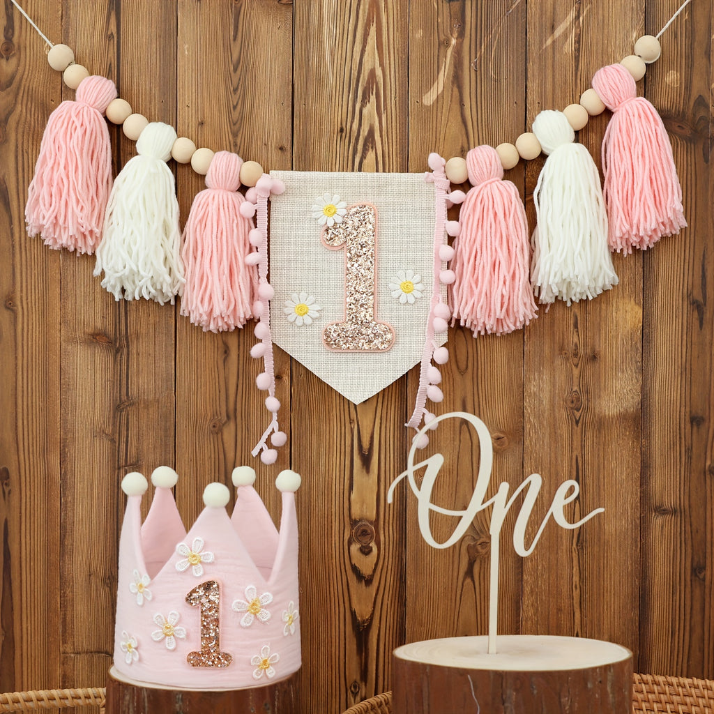 Set, Handmade Boho Birthday Set Includes Daisy White Pink Highchair Tassel Garland Banner, Cake Topper, Daisy Crown Hat Suitable For Party Decorations, Room Decorations, Cake Smash Props