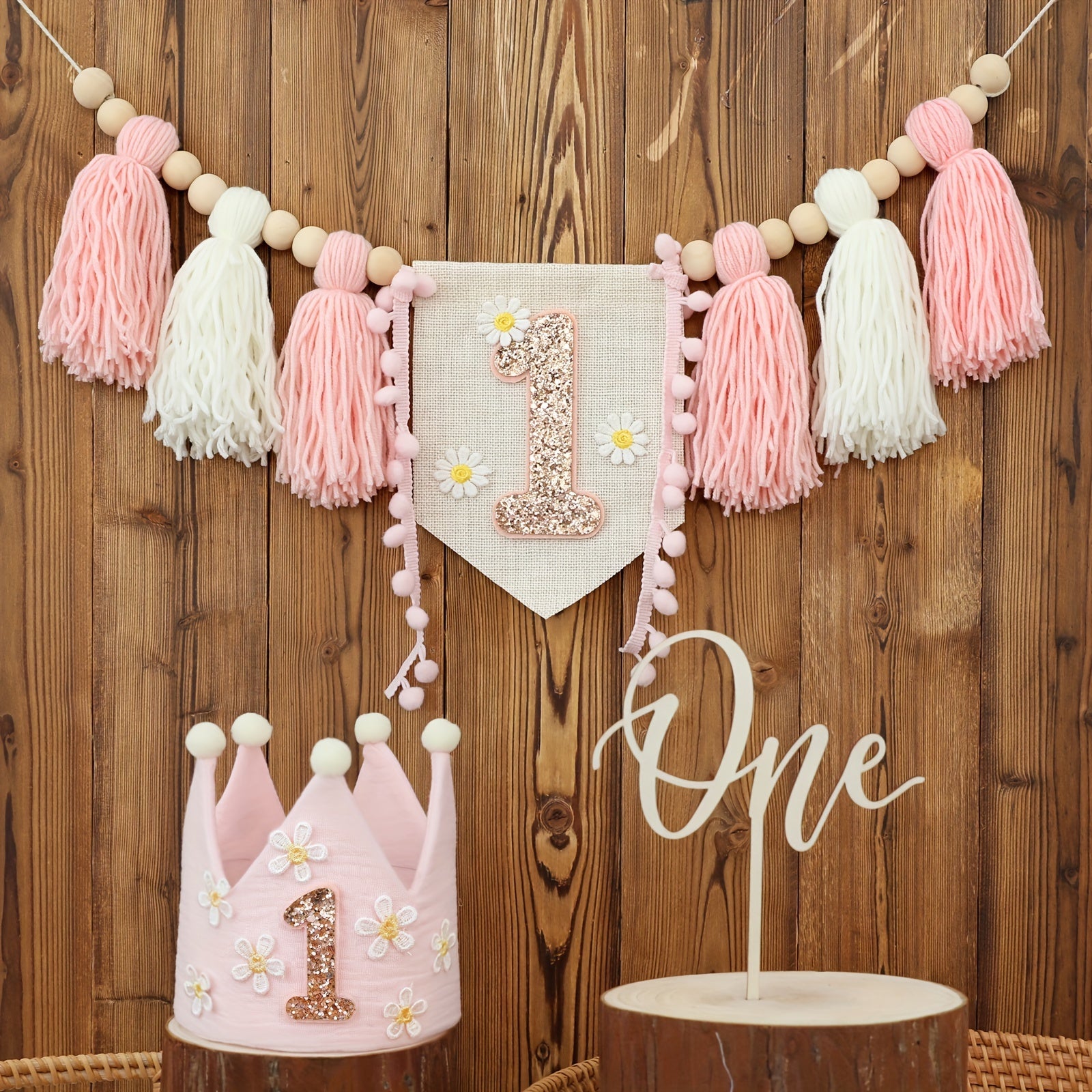 Set, Handmade Boho Birthday Set Includes Daisy White Pink Highchair Tassel Garland Banner, Cake Topper, Daisy Crown Hat Suitable For Party Decorations, Room Decorations, Cake Smash Props