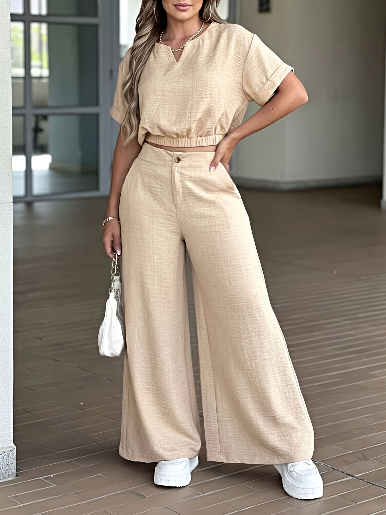 2pcs Women'S Elegant Solid Color Loose Short Sleeve Top And Wide-Leg Pants