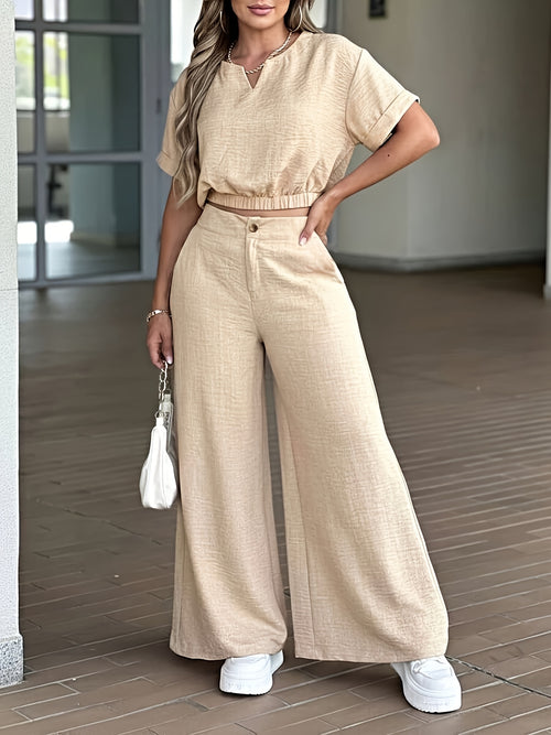 2pcs Women'S Elegant Solid Color Loose Short Sleeve Top And Wide-Leg Pants
