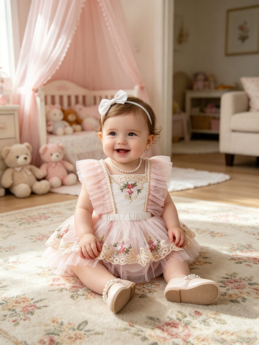 Summer Mesh Lace Embroidered Pearl Flutter Sleeve Bodysuit for Baby Girls, 100-Day & First Birthday Party Princess Puffy Skirt Romper