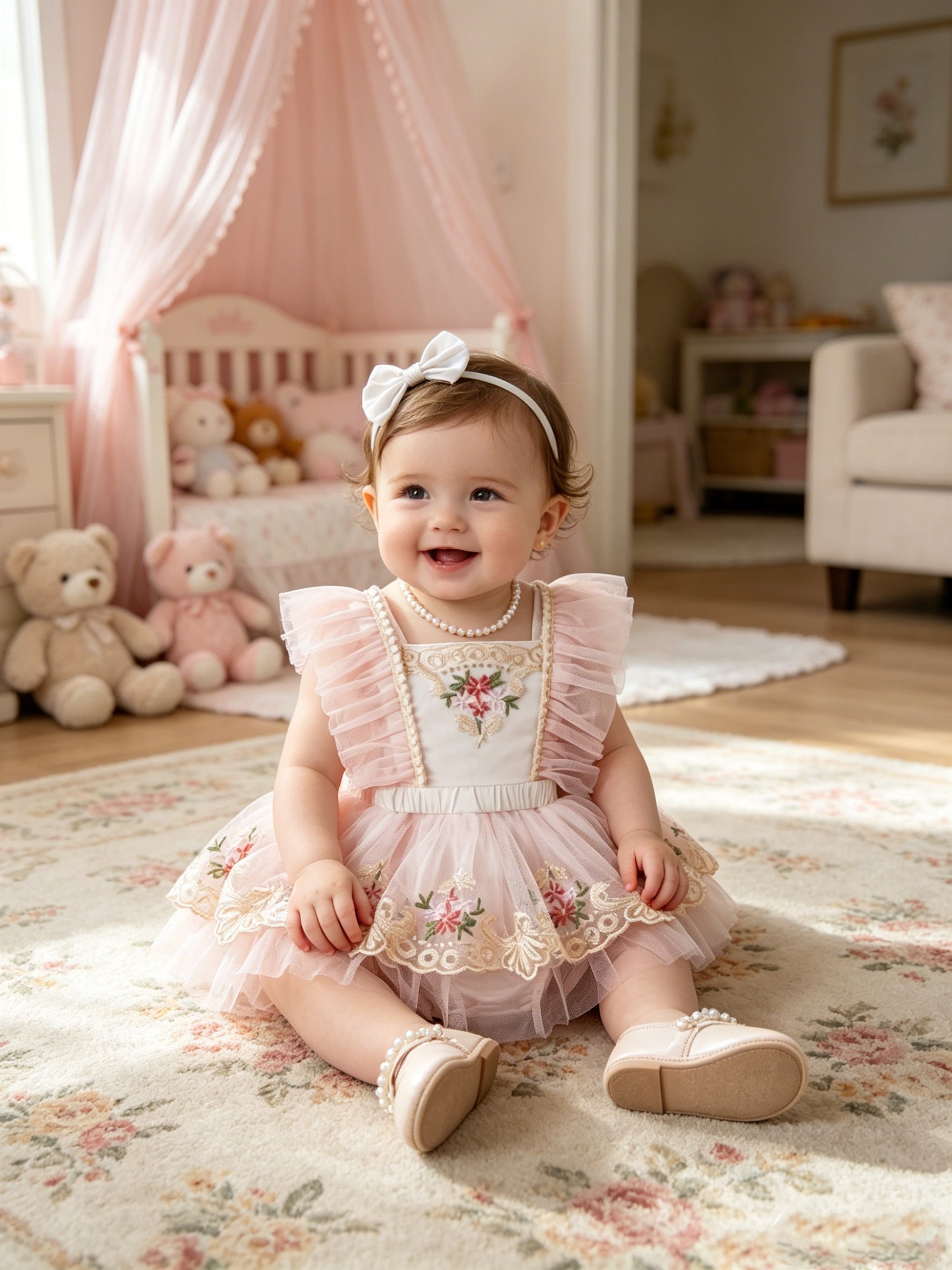 Summer Mesh Lace Embroidered Pearl Flutter Sleeve Bodysuit for Baby Girls, 100-Day & First Birthday Party Princess Puffy Skirt Romper