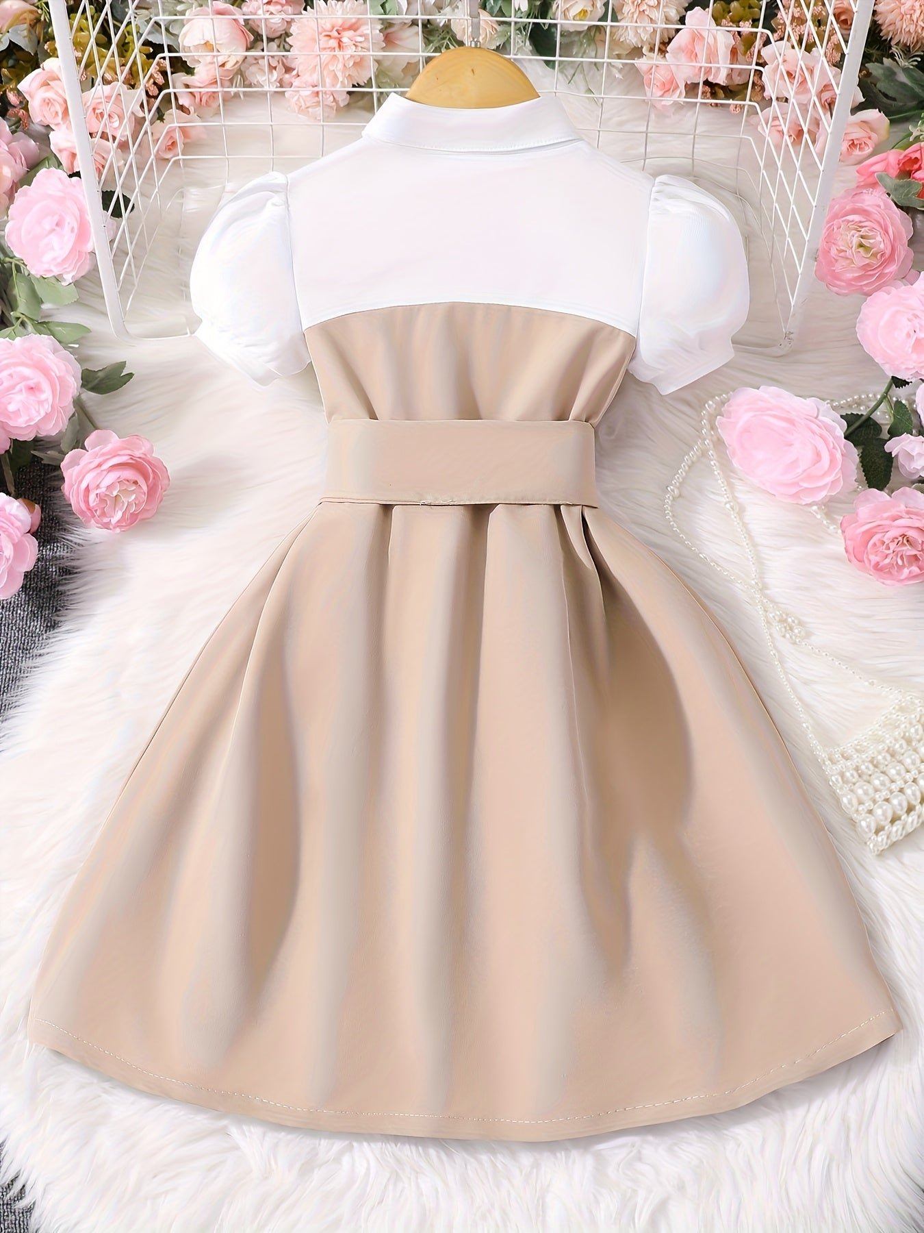 Girls' Elegant Black And White Color-Block Dress with Puff Sleeves And Button Front, Waist-Cinched Umbrella Skirt, Party Wedding Beach Casual Dress, Classic Neckline, Non-Stretch Fabric