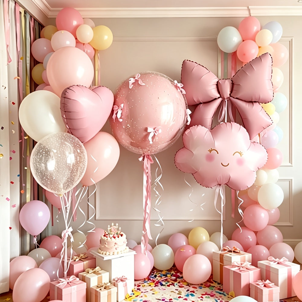 Pink Cloud + Bow Balloon Set / Includes Clouds, Pink Bow Foil Balloons, White, Macaron Pink, and Transparent Latex Balloons in Various Sizes / Plus Pompoms / Suitable for Birthdays, Confessions, Engagements, Marriage Proposals, Weddings, and Atmospheric