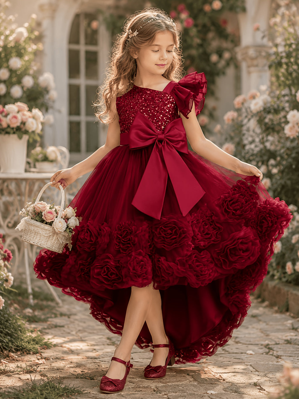 Young Girl Elegant Flower Girl Wedding Dress Short Front Long Back Puff Train 3D Floral Dress Suitable for Graduation Parties Holiday Weddings Dress