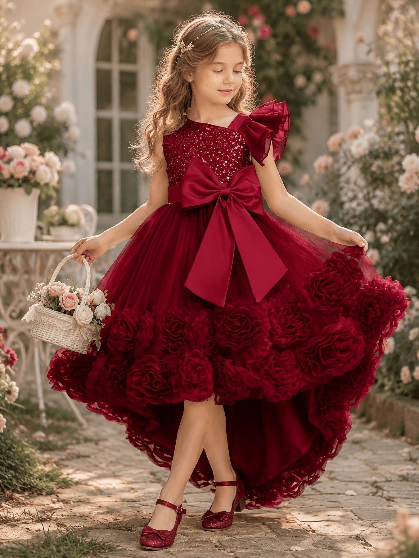 Young Girl Elegant Flower Girl Wedding Dress Short Front Long Back Puff Train 3D Floral Dress Suitable for Graduation Parties Holiday Weddings Dress