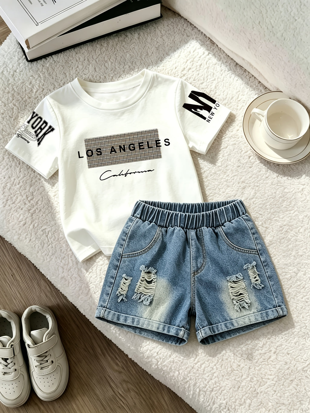 2pcs, LOS ANGELES Theme Pattern Print, Summer Fashion Boys Round Neck Short Sleeve T-Shirt And Distressed Shorts, American City Retro Casual Style, Outing, Daily Home Wear, Children'S Individual Style, for Outdoor
