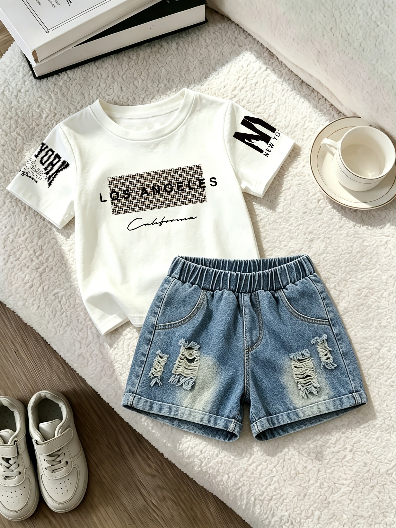 2pcs, LOS ANGELES Theme Pattern Print, Summer Fashion Boys Round Neck Short Sleeve T-Shirt And Distressed Shorts, American City Retro Casual Style, Outing, Daily Home Wear, Children'S Individual Style, for Outdoor