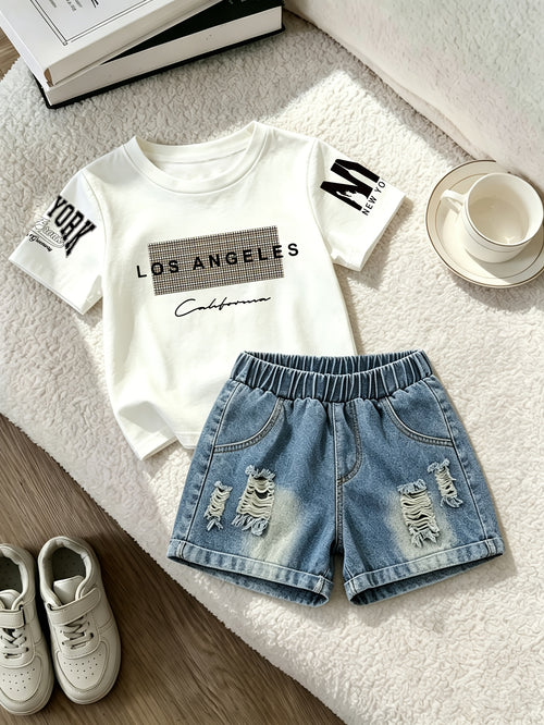 2pcs, LOS ANGELES Theme Pattern Print, Summer Fashion Boys Round Neck Short Sleeve T-Shirt And Distressed Shorts, American City Retro Casual Style, Outing, Daily Home Wear, Children'S Individual Style, for Outdoor
