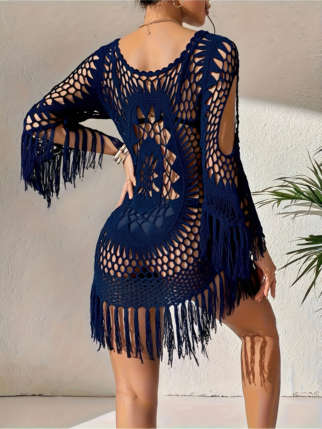 Women's Crochet Vacation Style Beach Fringe Casual Loose Hollow Bikini Cover-Up